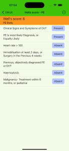 Wells score for PE screen shot